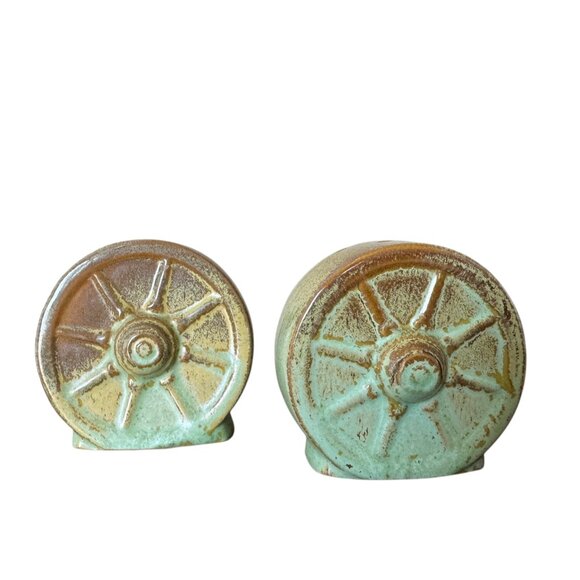Vintage Frankoma MCM Pottery Wagon Wheel Salt Pepper Drip Glaze Prairie Green - Picture 11 of 13